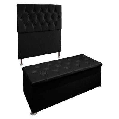 Kit Cabeceira e Calçadeira Baú Solteiro 0,90m Suede Preto