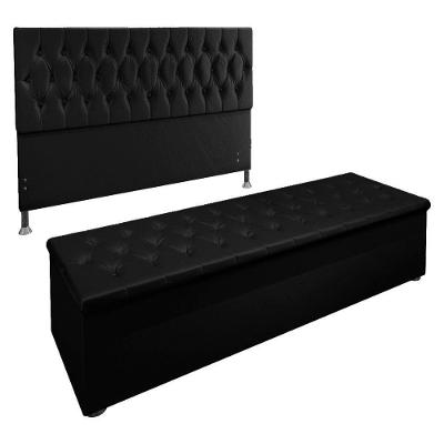 Kit Cabeceira e Calçadeira Baú Queen 1,60m Suede Preto