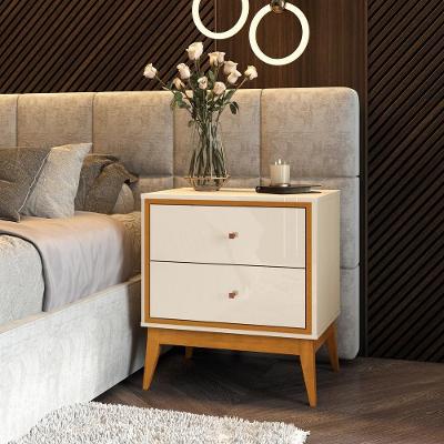 Mesa De Cabeceira Com 2 Gavetas Pés Em Madeira 58cm Offwhite/Cedro