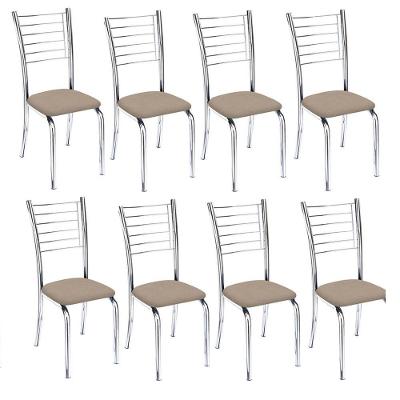 8 Cadeiras Vanessa Cromada para Cozinha Assento Suede Bege