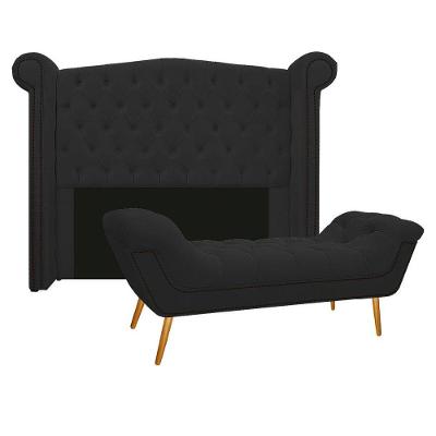 Kit Cabeceira E Calçadeira Veneza 140 Cm Casal Corano Preto