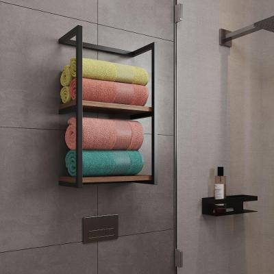 Toalheiro Para Banheiro Estilo Industrial Sahy - Preto E Prateleira Imbuia - Preto