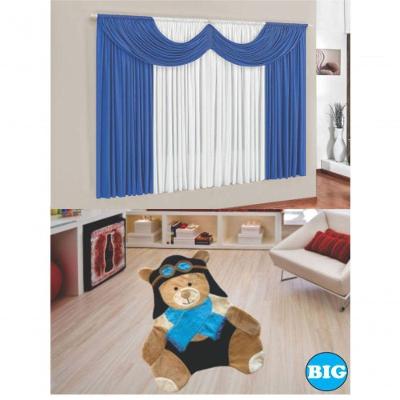 Kit Decoração P/ Quarto De Menino = Cortina Em Malha Paris + Tapete Pelucia Big Urso Aviador - Azul