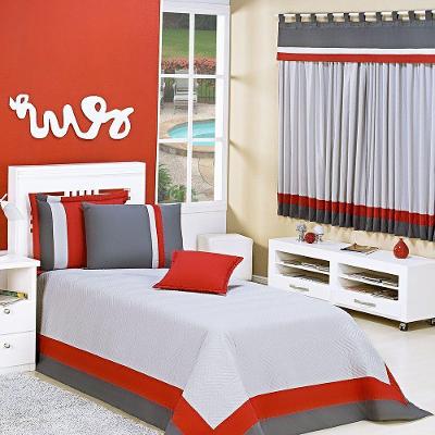 Kit Cobre Leito Solteiro Stylo Com Cortina Para Varão 2m 7 Peças - Cinza e Vermelho