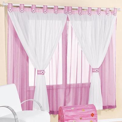 Cortina Infantil Juvenil Para Varão Tecido Voal 3,00 X 2,80 Metros Alt - Rosa e Branco