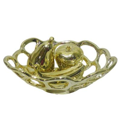 Fruteira Ouro Dourada Banana Maça Pera Decoracao Ceramica