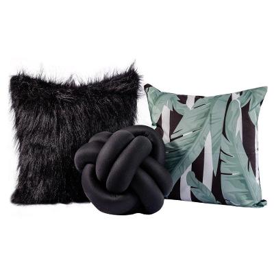 Kit Capas De Almofadas com Nó Folhas Preto Plush 03 Peças