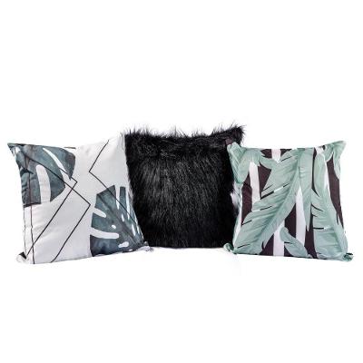 Kit Capas Almofadas Folhas Verde Preto Plush 03 Peças 45x45