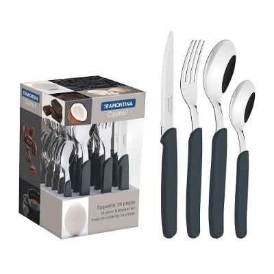 Faqueiro Carmel Com Lâminas Em Aço Inox E Cabos De Polipropileno Natural Escuro 24 Peças
