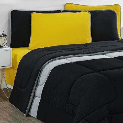 Kit Edredom + Jogo De Lençol Malha 100% Algodão Urbano 7 Peças King - Preto-mescla-amarelo