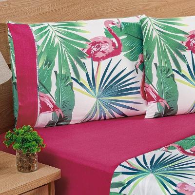 Jogo De Cama Estampado Micropercal 200 Fios Naturale Casal 04 Peças - Flamingo