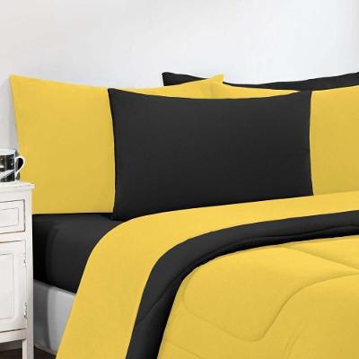 Kit Edredom + Jogo De Lençol Malha 100% Algodão Gran Moratta 7 Peças King - Amarelo-preto