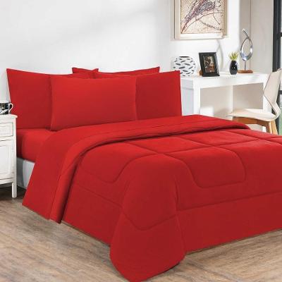 Kit Edredom + Jogo De Lençol Malha 100% Algodão Gran Moratta 7 Peças Casal - Vermelho-vermelho