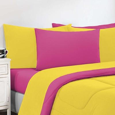 Kit Edredom + Jogo De Lençol Malha 100% Algodão Gran Moratta 5 Peças Solteiro - Amarelo-pink