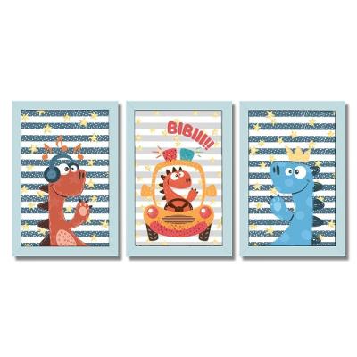 Kit Quadros Infantil Dinossauro Kids 20x30 3 Peças Título Moldura Azul