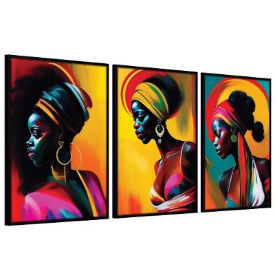 Quadros Decorativos Cx Alta 40x60 3 Unidades Mulheres Negras Título Moldura Preta