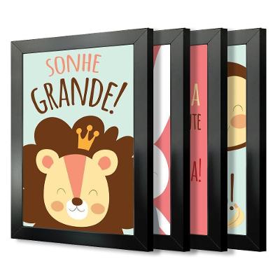 Kit 4 Quadros Infantil Leão Animais Bichos Frases 20x30cm Título Moldura Preta