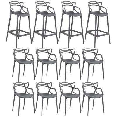 Kit 8 Cadeiras + 4 Banquetas Altas Masters Allegra Cinza Escuro