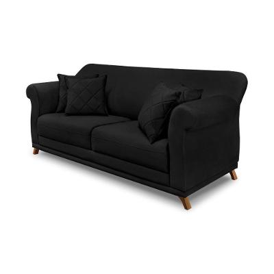 Sofá 200cm 3 Lugares Com 4 Almofadas Suede Preto