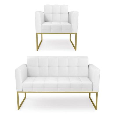 Kit 1 Sofá Namoradeira E 1 Poltrona Elisa Corino Branco Base Metálica Industrial Dourado - D'rossi