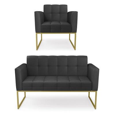 Kit 1 Sofá Namoradeira E 1 Poltrona Elisa Corino Base Metálica Industrial Dourado - D'rossi Cor Preto