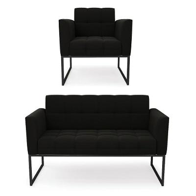Kit 1 Sofá Namoradeira E 1 Poltrona Elisa Suede Base Metálica Industrial Preto - D'rossi Cor Preto