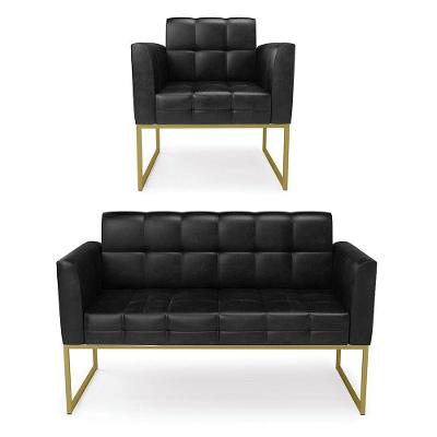 Kit 1 Sofá Namoradeira E 1 Poltrona Elisa Corano Preto Base Metálica Industrial Dourado - D'rossi
