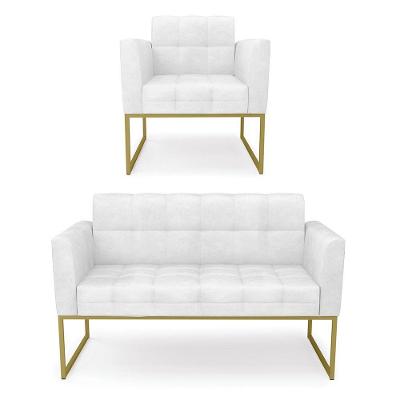 Kit 1 Sofá Namoradeira E 1 Poltrona Elisa Corano Base Metálica Industrial Dourado - D'rossi Cor Branco