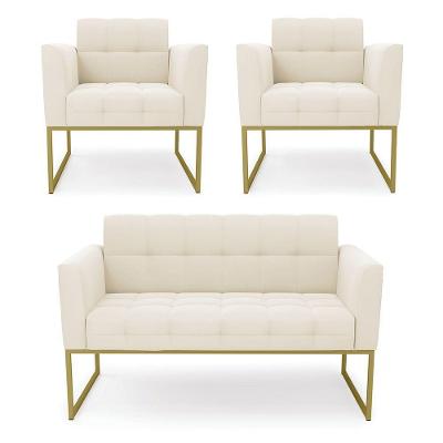 Kit 1 Sofá Namoradeira E 2 Poltronas Elisa Veludo Base Metálica Industrial Dourado - D'rossi Cor Bege