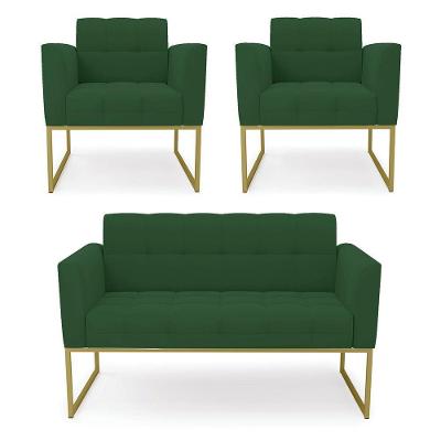 Kit 1 Sofá Namoradeira E 2 Poltronas Elisa Veludo Base Metálica Industrial Dourado - D'rossi Cor Verde