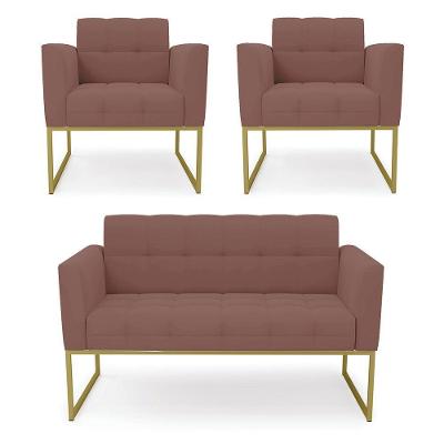 Kit 1 Sofá Namoradeira E 2 Poltronas Elisa Veludo Base Metálica Industrial Dourado - D'rossi Cor Rose