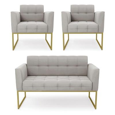 Kit 1 Sofá Namoradeira E 2 Poltronas Elisa Veludo Base Metálica Industrial Dourado - D'rossi Cor Cinza