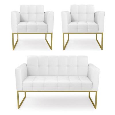 Kit 1 Sofá Namoradeira E 2 Poltronas Elisa Corino Base Metálica Industrial Dourado - D'rossi Cor Branco