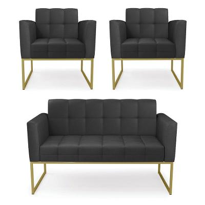 Kit 1 Sofá Namoradeira E 2 Poltronas Elisa Corino Base Metálica Industrial Dourado - D'rossi Cor Preto