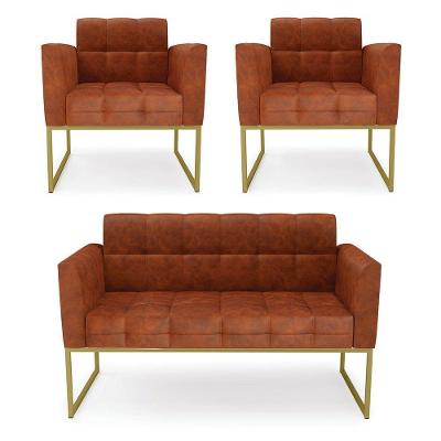 Kit 1 Sofá Namoradeira E 2 Poltronas Elisa Corano Base Metálica Industrial Dourado - D'rossi Cor Nozes