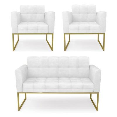 Kit 1 Sofá Namoradeira E 2 Poltronas Elisa Corano Base Metálica Industrial Dourado - D'rossi Cor Branco