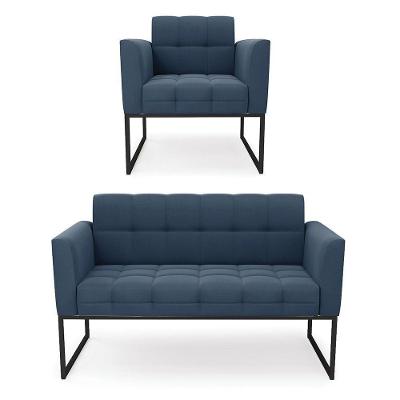 Kit 1 Sofá Namoradeira E 1 Poltrona Suede Base Metálica Industrial Preto - D'rossi Cor Azul Marinho