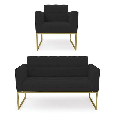 Kit 1 Sofá Namoradeira E 1 Poltrona Elisa Veludo Preto Base Metálica Industrial Dourado - D'rossi