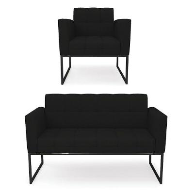 Kit 1 Sofá Namoradeira E 1 Poltrona Linho Base Metálica Industrial Preto - D'rossi Cor A79 Preto