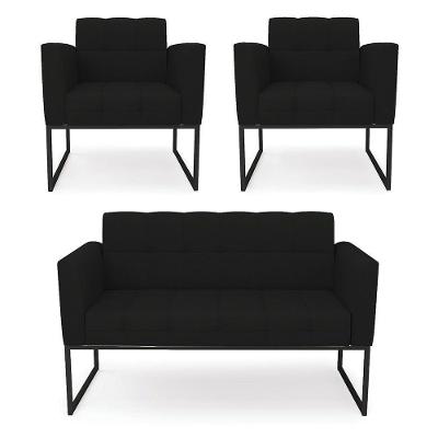 Kit 1 Sofá Namoradeira E 2 Poltronas Linho Base Metálica Industrial Preto - D'rossi Cor A79 Preto
