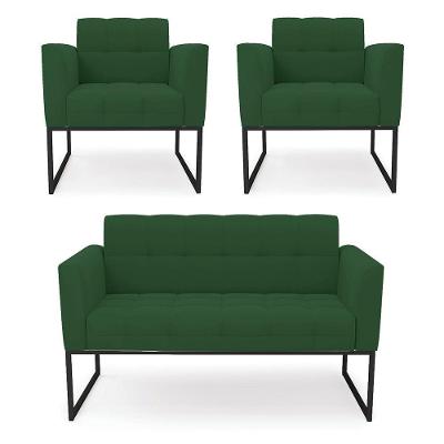 Kit 1 Sofá Namoradeira E 2 Poltronas Elisa Veludo Base Metálica Industrial Preto - D'rossi Cor Verde