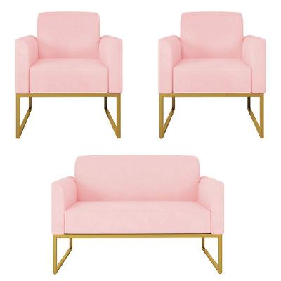 Kit Namoradeira E 2 Poltronas Base Dourada Rosa Bebê