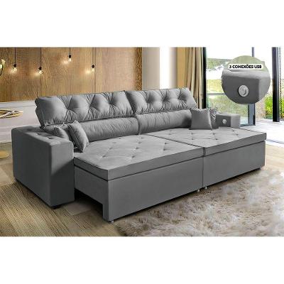 Sofá 3 Lugares Retrátil 2,02 M, Tecnologia Usb Cinza