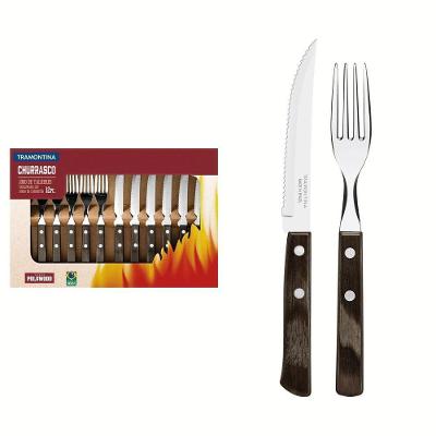 Jogo De Talheres Para Churrasco Em Aço Inox Com Cabo Castanho Polywood 12 Peças