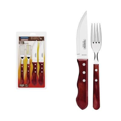 Jogo De Talheres Jumbo Para Churrasco Em Aço Inox Com Cabo Vermelho Polywood 4 Peças