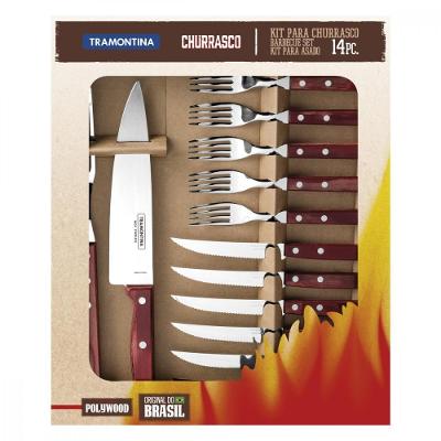 Kit Para Churrasco Inox Com Cabo Vermelho Polywood 14 Peças