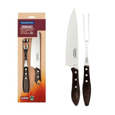 Jogo Trinchante Para Churrasco Tramontina Em Aço Inox Com Cabo Castanho Polywood 2 Peças Tramontina