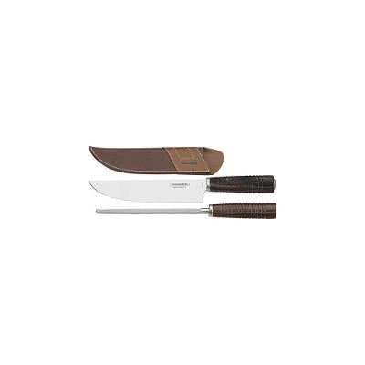 Jogo Para Churrasco Em Aço Inox Cabo Castanho Polywood Com Bainha De Couro 2 Peças
