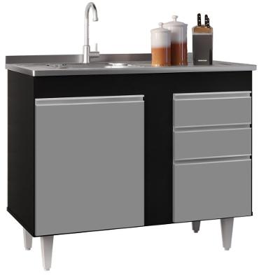 Balcão Gabinete 100cm 3 Portas 2 Gavetas Preto/Cinza