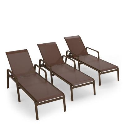 Kit 3 Espreguiçadeira Piscina Alumínio Marrom Tela Marrom